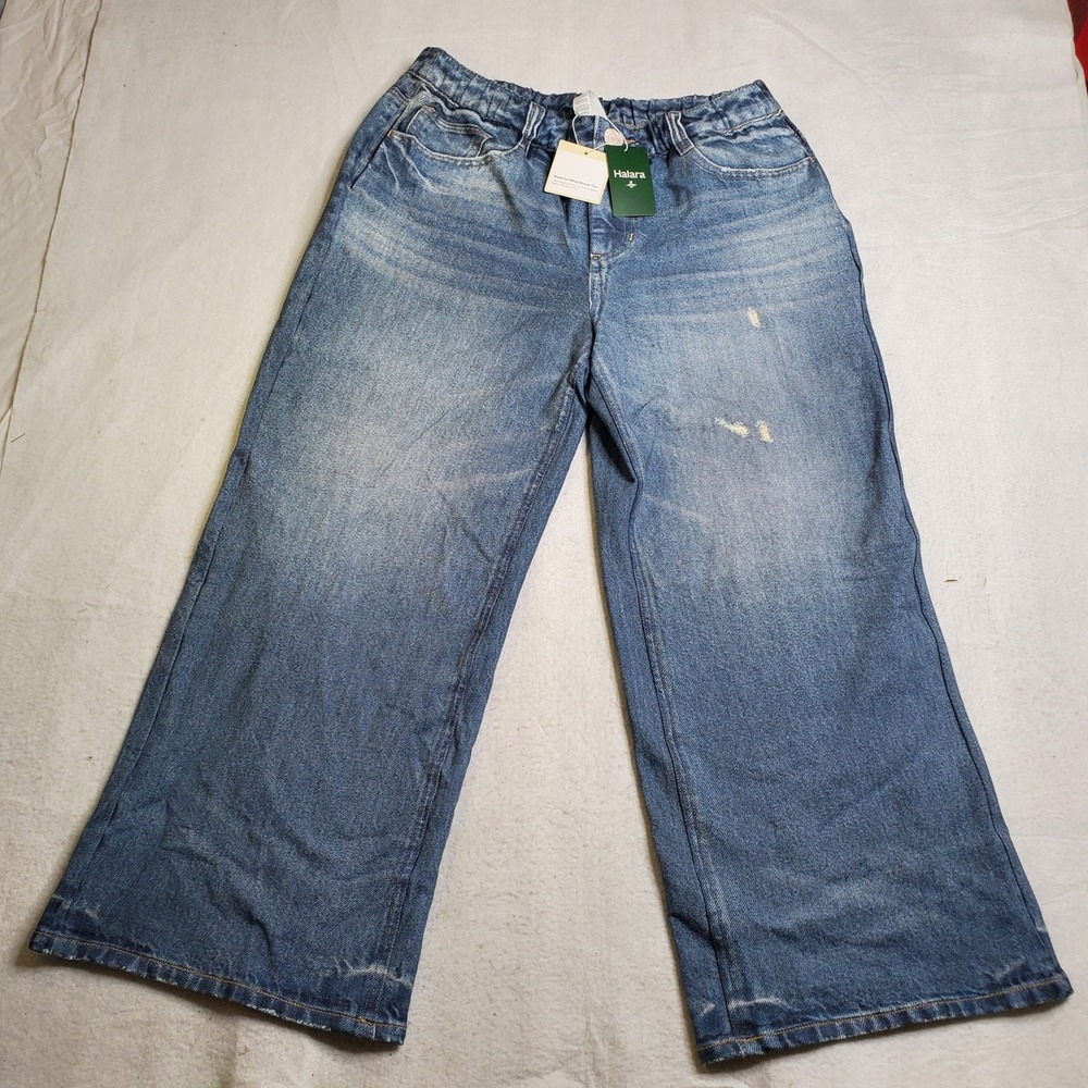 Halara Womens Flex Denim Pants Blue Wide Leg Elastic Waist Petite XL